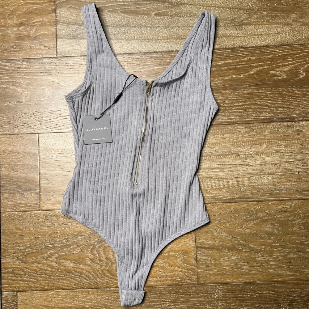 NEW JLUXLABEL Ribbed Tank Bodysuit Zipper Gray Size Large NWT Stretch